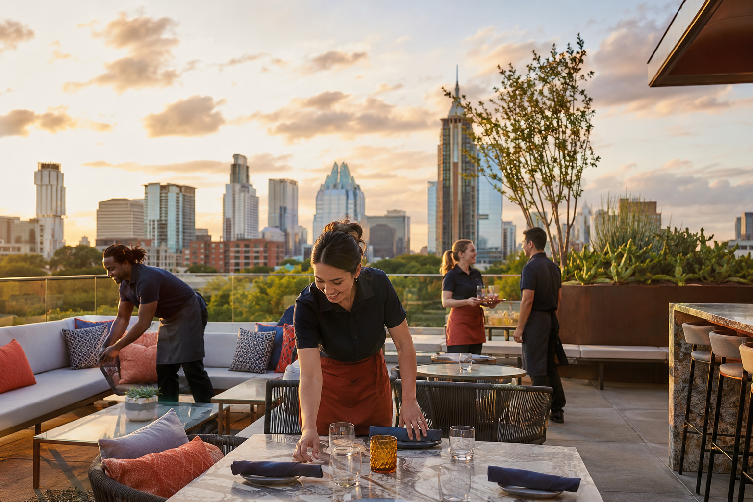 Hospitality team preparing an Austin hotel rooftop terrace at golden hour