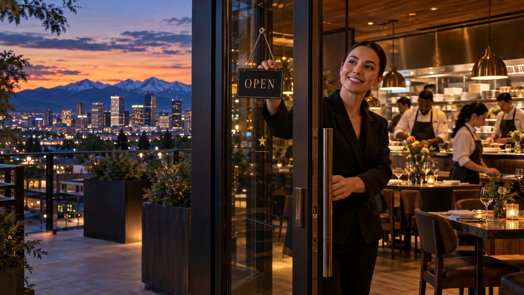 A restaurant host opens a Denver restaurant as chefs and front-of-house employees prepare for service
