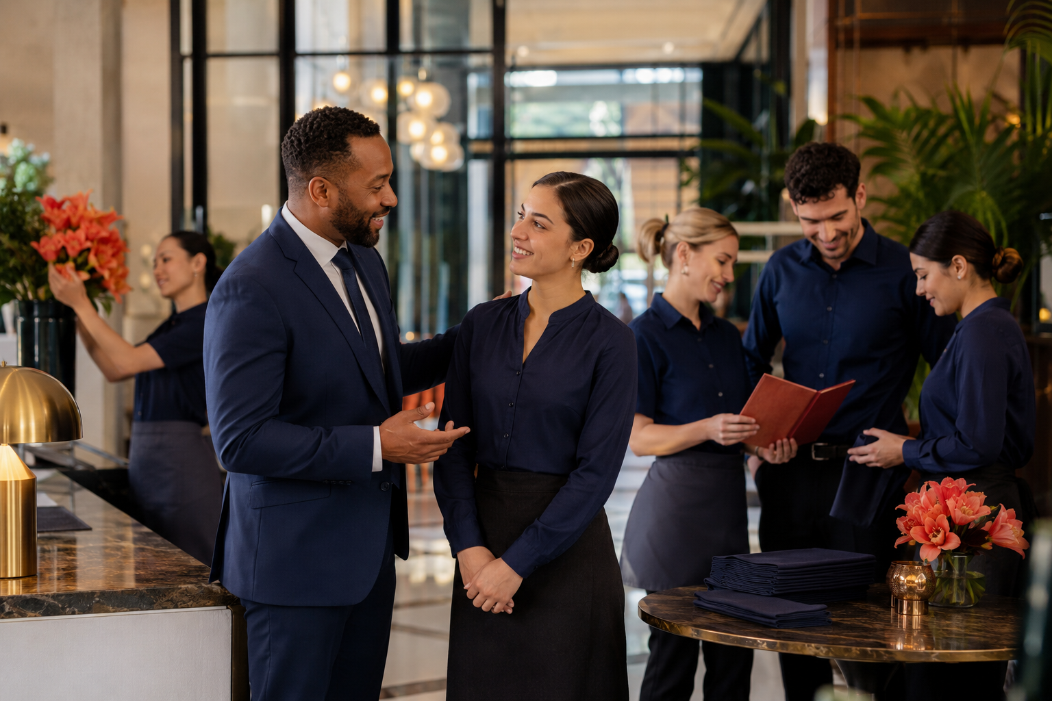 Hospitality employees working together in a welcoming hotel restaurant