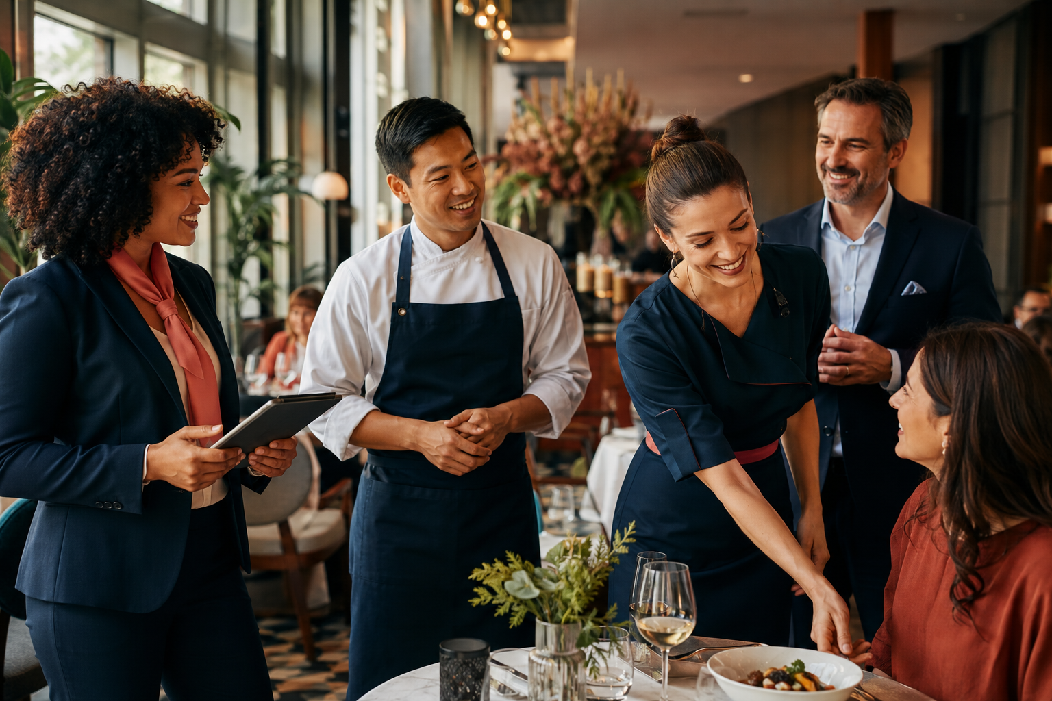 Hospitality professionals working together while using technology as a supporting tool