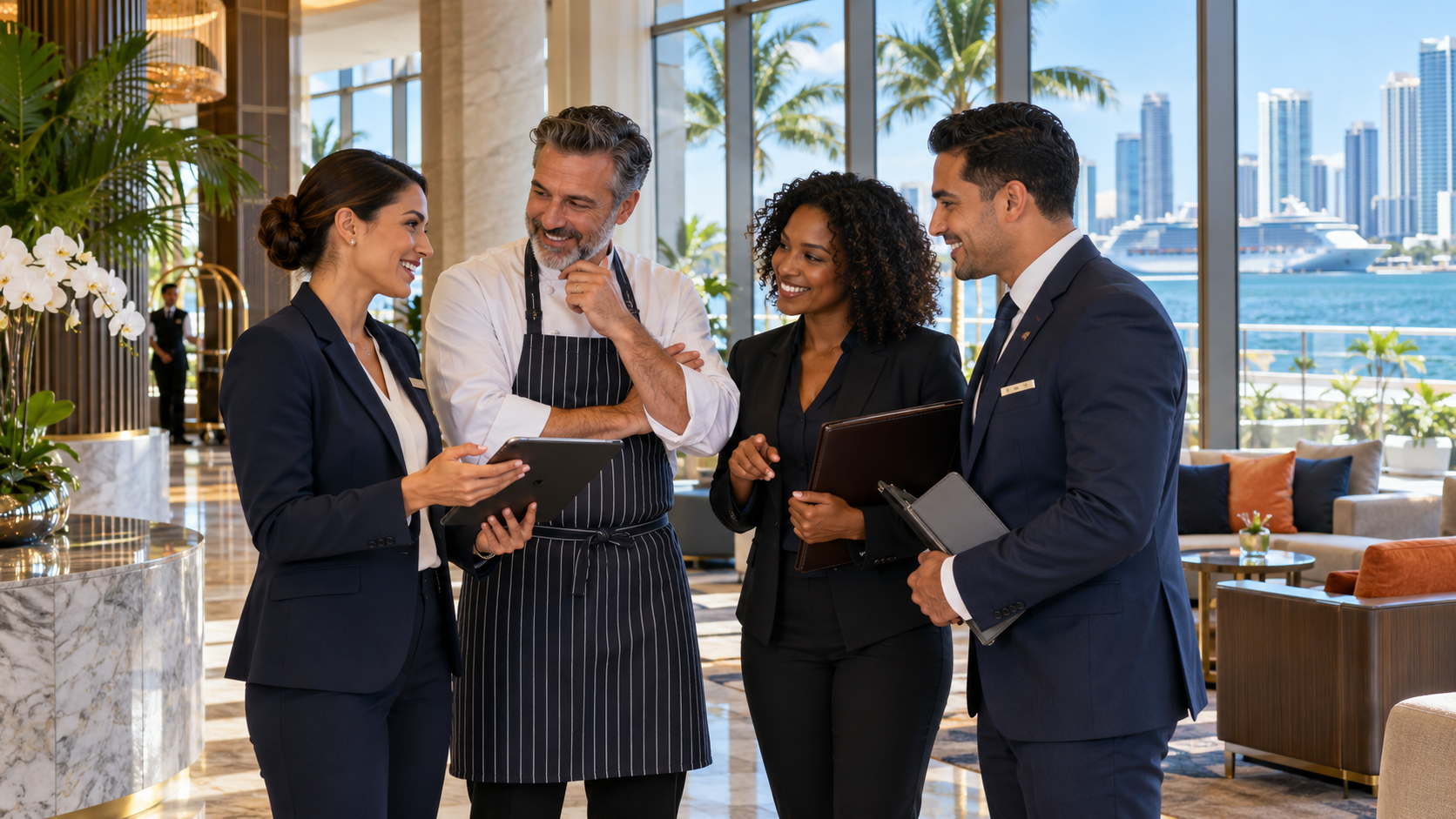 A diverse hospitality team inside a modern Miami hotel overlooking the skyline and cruise port