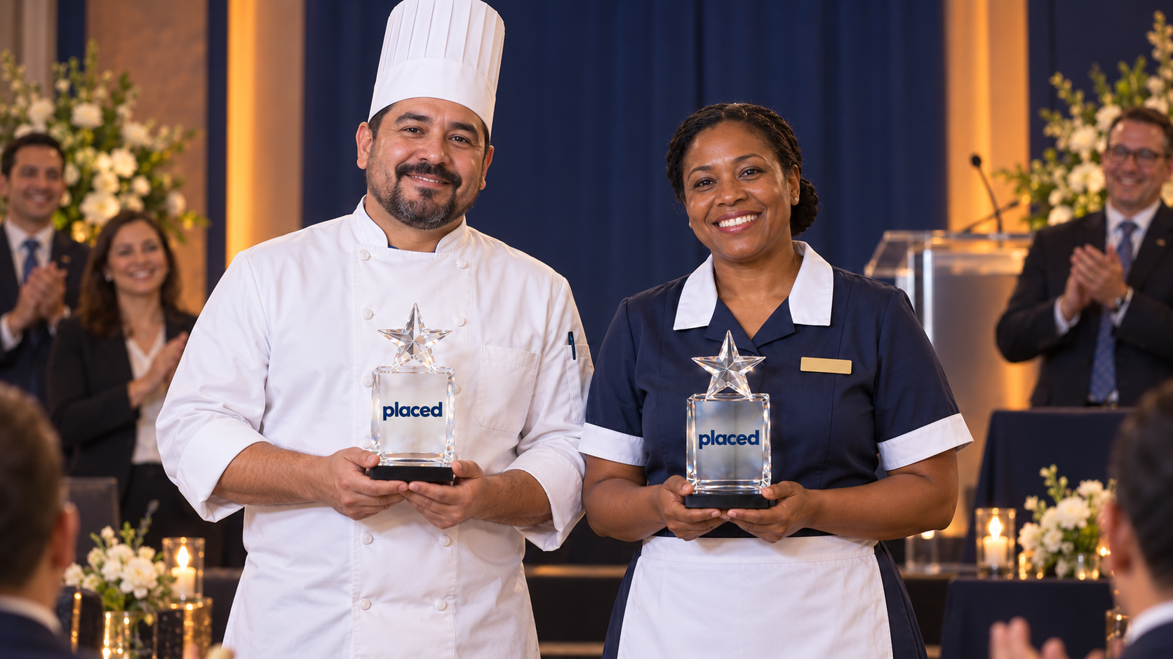 A chef and hotel housekeeper hold clear star awards while hospitality leaders applaud them on stage