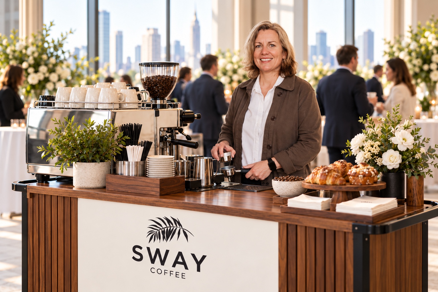 Sara O’Gureck stands behind the Sway Coffee espresso cart at a bright corporate event